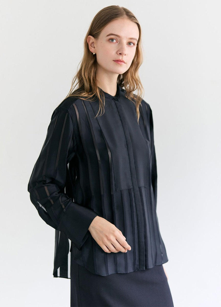 珠光條紋亨利領襯衫